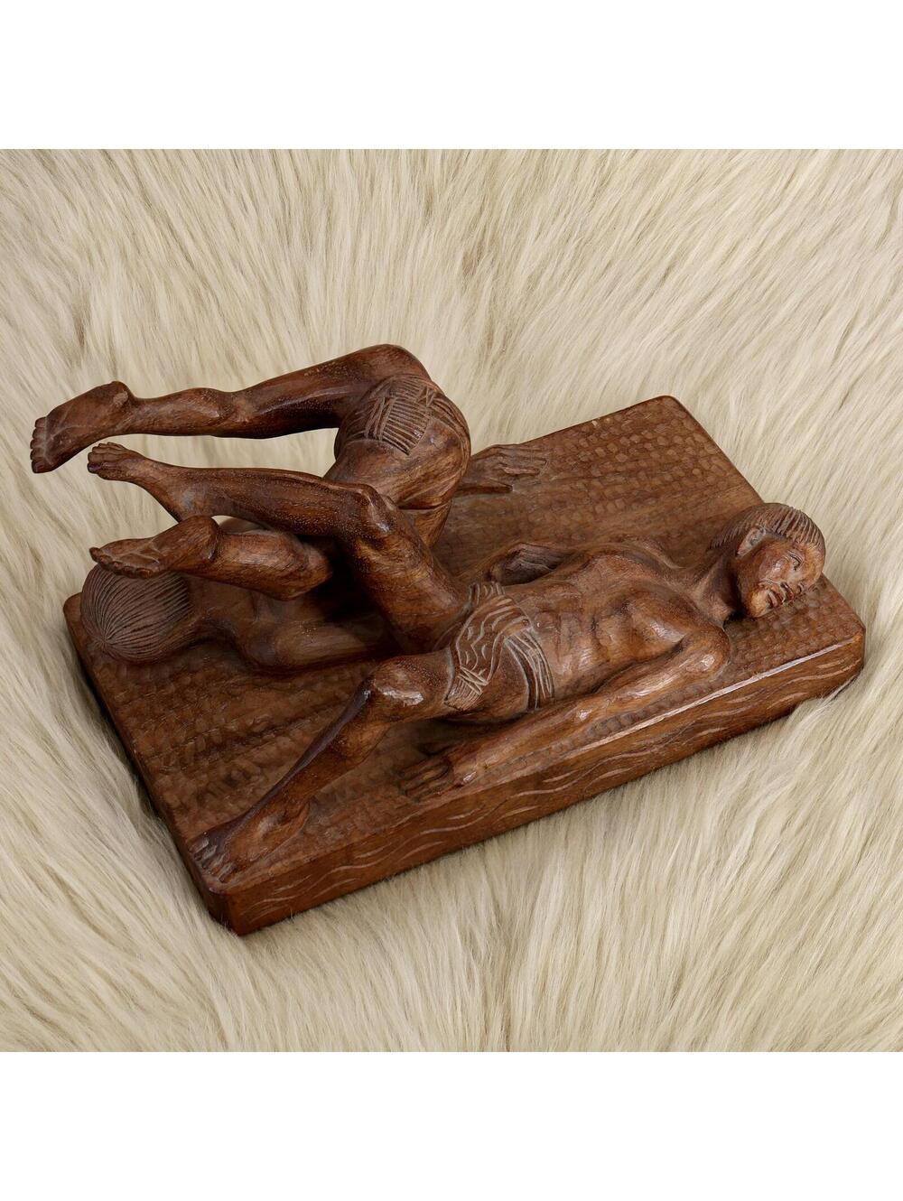Vintage Leg Wrestling Match Hand-Carved Hardwood Sculpture Folk Art Statue